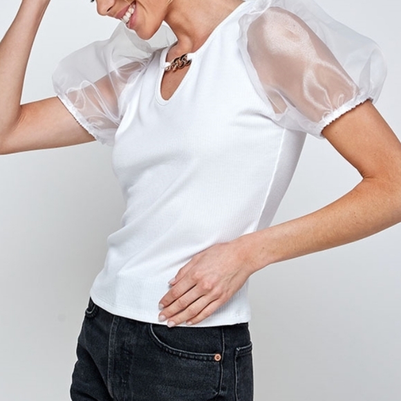 ❤316 Tops - Dressy White Sheer Puff Sleeve Ribbed Top